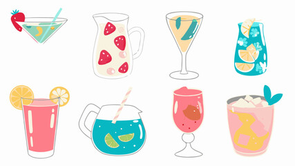 Illustration of various summer cocktails and fruit infused drinks in different glasses and pitchers