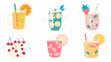 Illustration of six colorful fruit drinks with straws and fruit slices on a white background art style