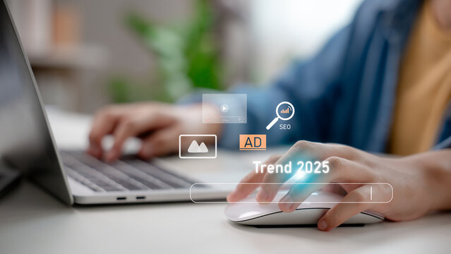 SEO and digital marketing trend concept depicting user researching search engine strategies, ad performance, and content optimization insights for 2025 business growth