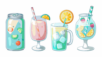 Illustration of assorted refreshing drinks including a can and three different glasses filled with fruits