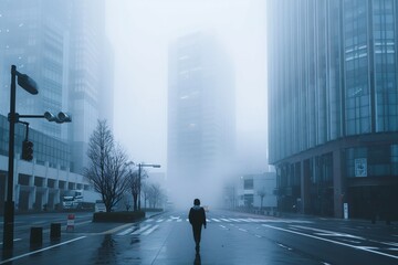 Obraz premium Person Walking Alone on a Foggy City Street Varient 5