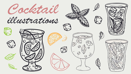 Hand drawn cocktail illustrations with ice cubes, citrus slices, and basil leaves on a light background