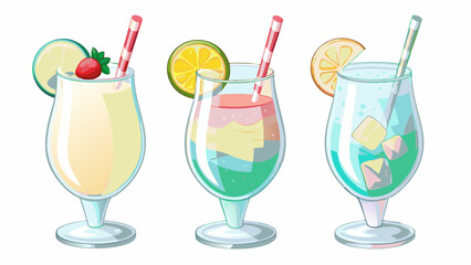 Illustration of three cocktail glasses filled with colorful drinks and fruit garnish on a white background