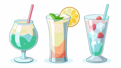 Illustration of three colorful cocktails with straws and fruit slices on a white background design