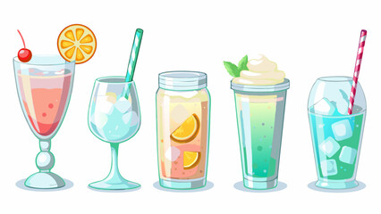 Illustration of five different refreshing drinks with various garnishes and colorful straws on a white background