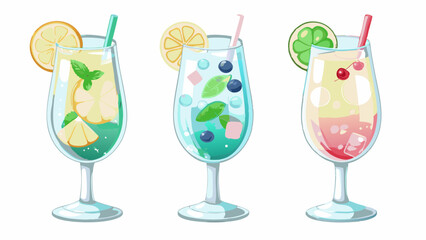 Three cocktail glasses filled with colorful drinks and garnished with fruit slices and straws are shown
