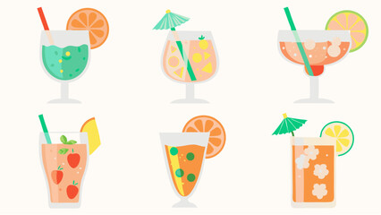 Illustration of six colorful cocktails with fruit slices and straws on a white background surface area