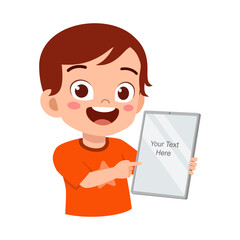 Happy Boy Pointing at Tablet Screen with Text Illustration, Cheerful Kid Showing Device