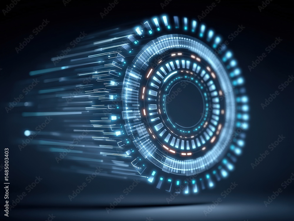Poster futuristic circular abstract design with vibrant glowing lines and light trails depicting speed and 