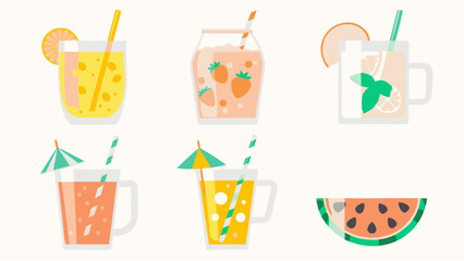 Illustration showcasing various summer drinks including juice, smoothies, and watermelon slices on white background