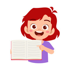 Happy Girl Holding an Open Book and Pointing with a Smile in Cartoon Illustration
