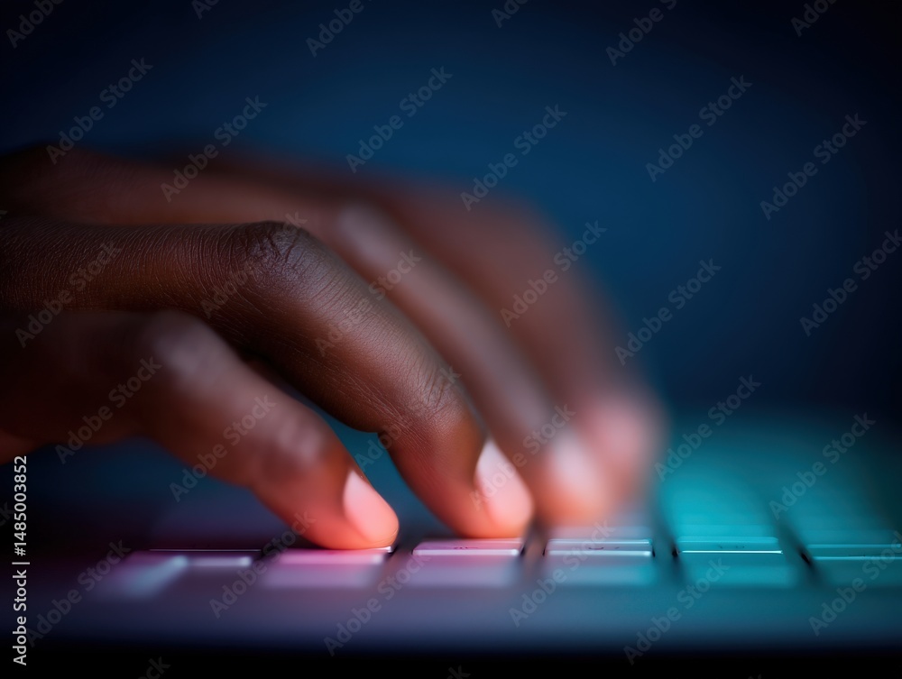 Aufkleber close-up of a hand typing dynamically on a sleek laptop keyboard under soft blue lighting highlighti