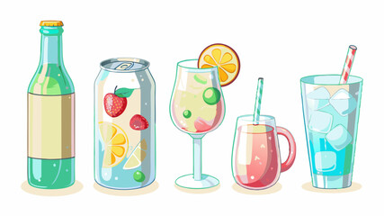 Illustration of various beverages including a bottle, can, and glasses with fruit and ice cubes