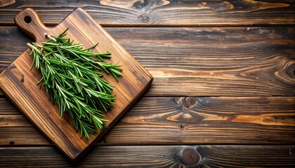 Fototapeta premium .A wooden board with a bunch of fresh rosemary sits on a wooden table in the kitchen.