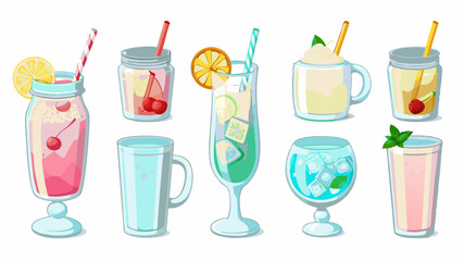 Illustration of various refreshing drinks in different glasses with fruit and straws on a white background