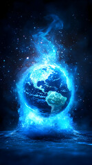 A realistic Earth engulfed in ethereal, vibrant blue flames, set against a dark, starry backdrop, creating a dramatic, almost apocalyptic scene