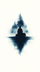 A serene silhouette of a person in meditation, nestled amidst a misty forest reflected in a still, distorted water.  The image is predominantly dark blue hues on a white background, creating a