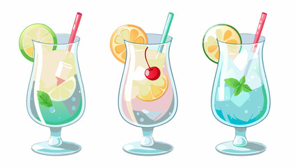 Three colorful cocktails in tall glasses with fruit slices and straws on a white background image style