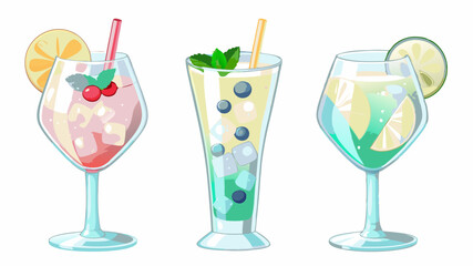Illustration of three cocktail glasses with different fruit and colorful liquid on a white background