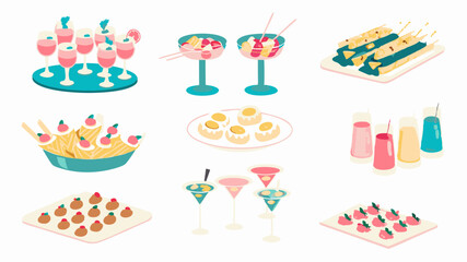 Illustration of various appetizers and drinks including cocktails, fruit salads, and skewers on white background
