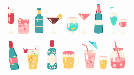 Illustration of various alcoholic and non alcoholic beverages in bottles and glasses on a white background