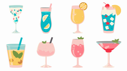 Illustration of eight colorful cocktails in various glasses with fruit and mint garnishes displayed