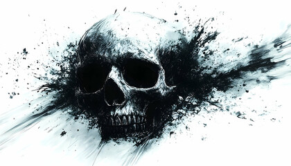 Eerie human skull explodes in dark, swirling hues on white, creating a haunting and disintegrating visual impact