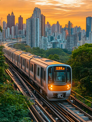 Naklejka premium Elevated train speeds through a vibrant cityscape at sunset, its sleek cars contrasting against the warm sky and lush greenery