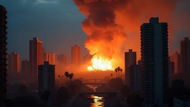 Destruction of a cityscape following a catastrophic event at night