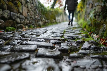 Fototapeta premium Person Walking on a Wet Cobblestone Path Between Stone Walls Varient 3