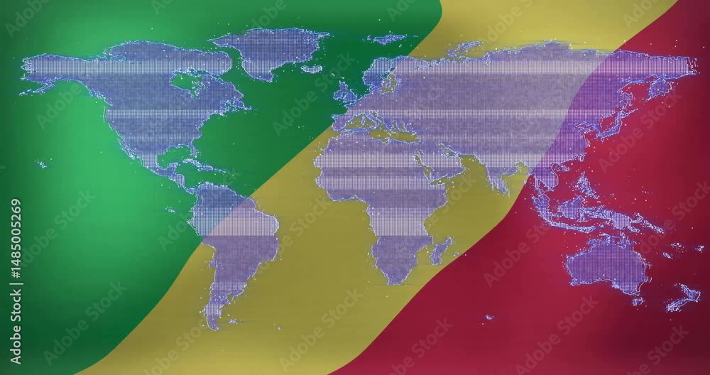 Poster stylized pixelated world map being animated with glitch lines over diagonal green yellow red bars