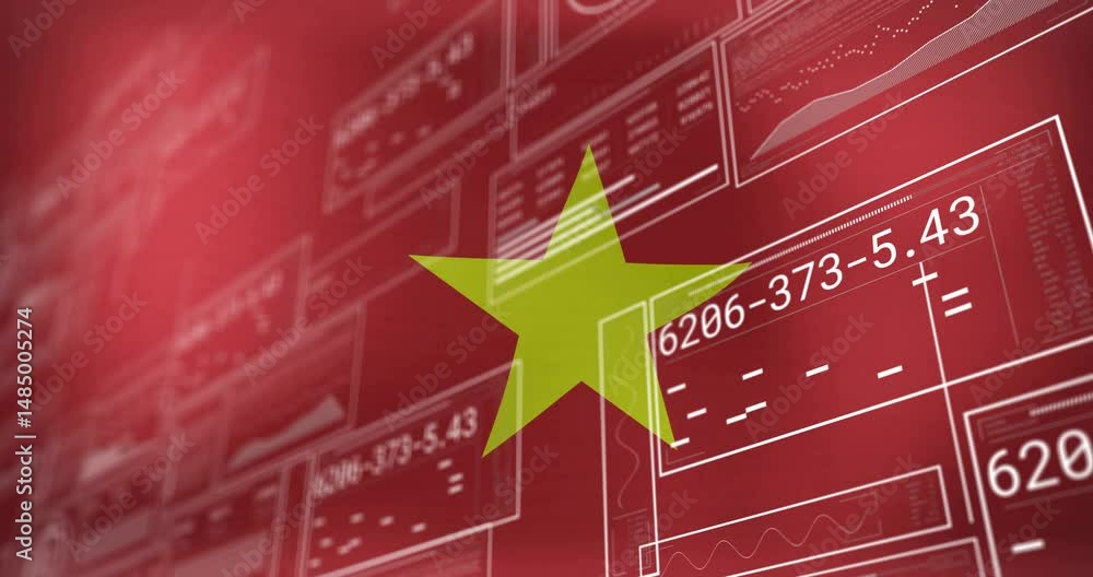 Aufkleber large yellow star being animated over red gradient, showing code panels, data charts in flat design