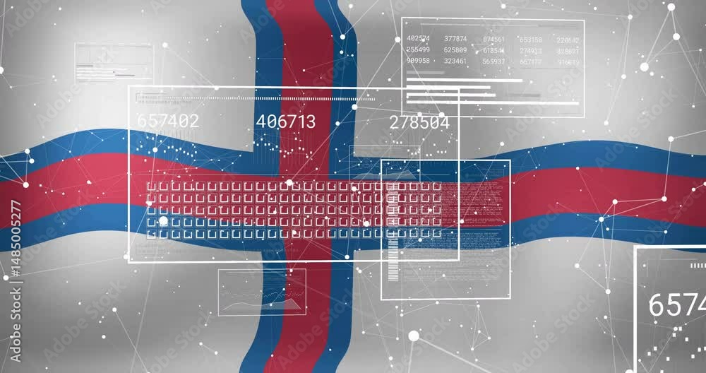 Poster faroe islands flag waving, showing numeric data panels, line charts, code blocks, network nodes