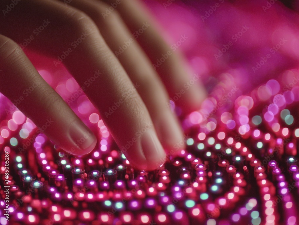 Poster captivating hand gently interacting with colorful illuminated led lights creating a mesmerizing digi