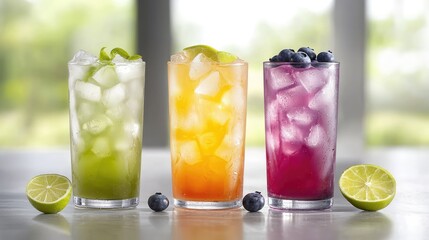 Fototapeta premium collection of chilled fruit beverages featuring flavors like lime, blueberry, and citrus, served with ice and placed on a subtle grey background.