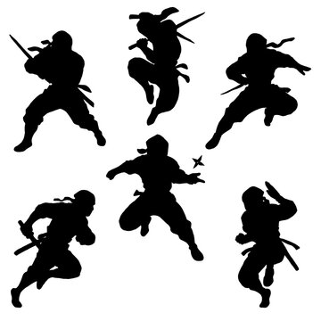Silhouettes of Ninja Warriors in Action Poses