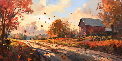Charming Autumn Landscape with a Rustic Farmhouse Surrounded by Colorful Falling Leaves – Warm Golden Hour Countryside Scene Ideal for Fall Season Themes and Nature Backgrounds