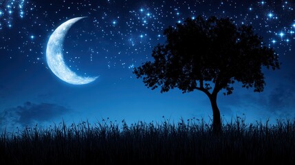 Night scene with moon, stars, tree, grass in dreamlike scenery.