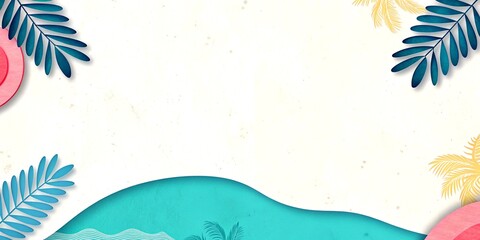 summer background featuring tropical motifs like palm leaves, beach waves, parasols, and lifebuoys. Ideal for seasonal greetings, advertisements, and party invitations.