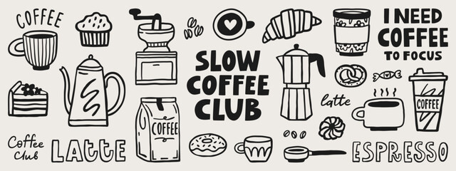 Slow coffee club doodle graphic elements. Hand drawn vector set. Coffee lettering quote
