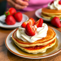 Fluffy pancakes topped with strawberries and whipped cream