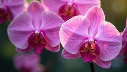 Delicate pink orchid blossoms, showcasing intricate details and vibrant color , serenity, vibrant, vibrant flower