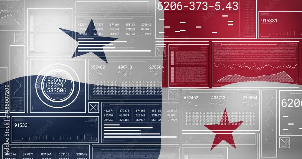 Poster circular gauge panel being animated with panels, numeric readouts, charts over blue red background