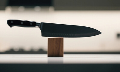 Professional Chef's Knife Balancing Demonstration on Minimalist Wooden Block with Black Blade and Handle