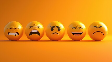 Fototapeta premium collection of nine 3D emoticons arranged on a bright orange background, each expressing different emotions: happiness, sadness, surprise, anger, fear, love, excitement, boredom, and frustration.