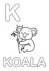 Alphabet Coloring Page for Kids. Children's Coloring Activity sheet. Cute Koala Illustration to Color.