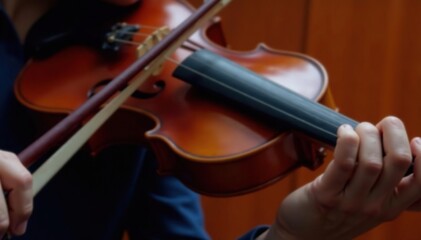 Fototapeta premium Close-up of a violin being played, focus on the strings and bow , stringed instrument, beauty