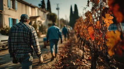 People walking along street autumn vineyard