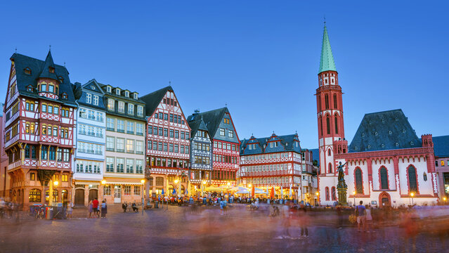  Frankfurt am Main, Hesse, Germany,  Old town square romerberg in Frankfurt in the evening.