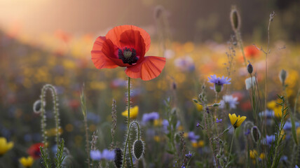Golden hour lighting up a vibrant wildflower meadow at sunset creating a serene and breathtaking sce